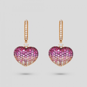 Foto Orecchini in oro rosa a cuore con diamanti rubini e zaffiri rosa