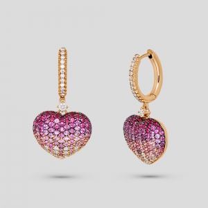 Foto Orecchini in oro rosa a cuore con diamanti rubini e zaffiri rosa